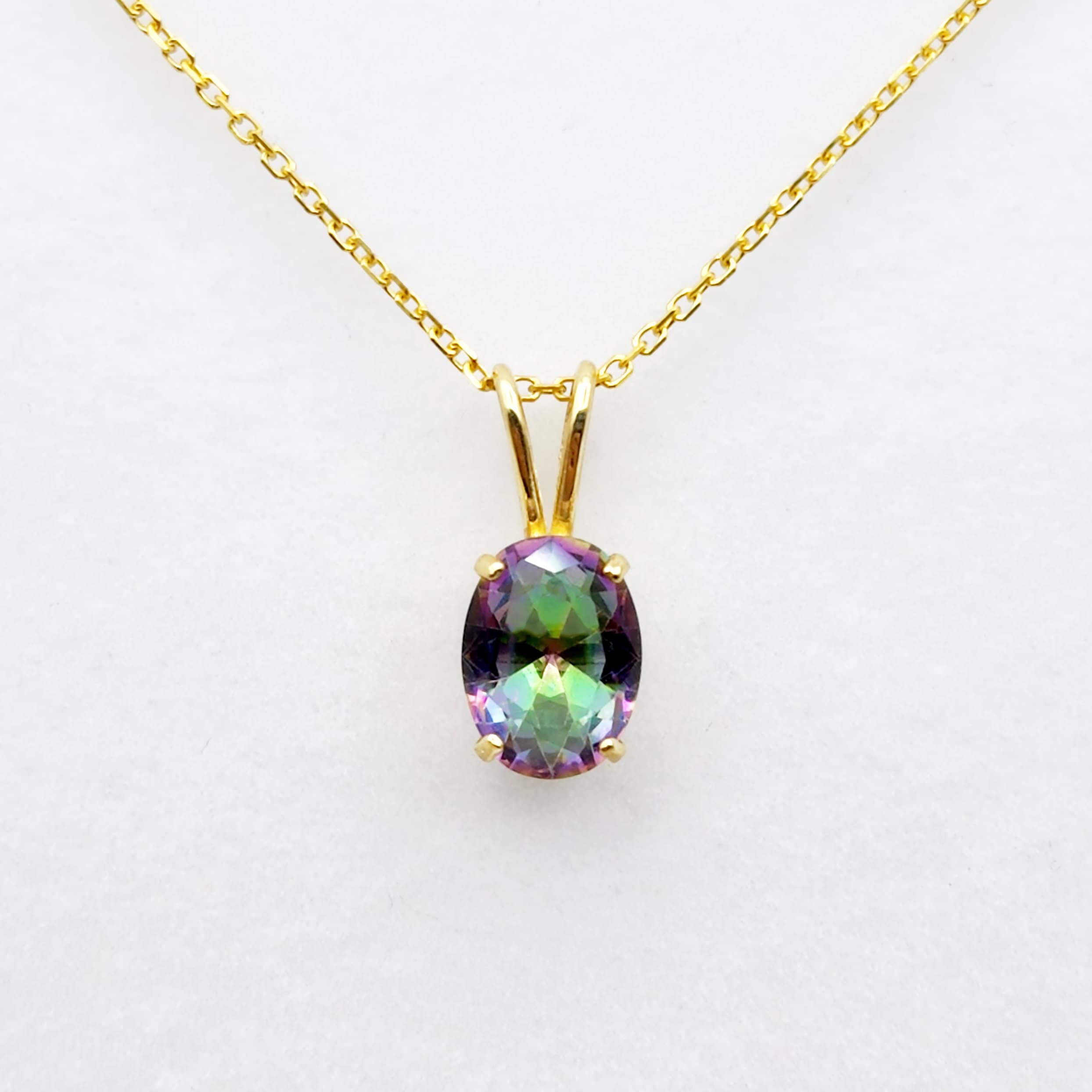 Gold Mystic Topaz Pendant Necklace, 10K Yellow Gold Mystic Topaz 8x6mm Pendant, Gemstone Necklace For Women, Pendant For Her