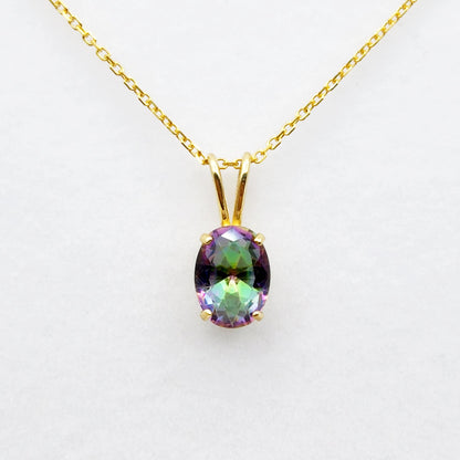 Gold Mystic Topaz Pendant Necklace, 10K Yellow Gold Mystic Topaz 8x6mm Pendant, Gemstone Necklace For Women, Pendant For Her
