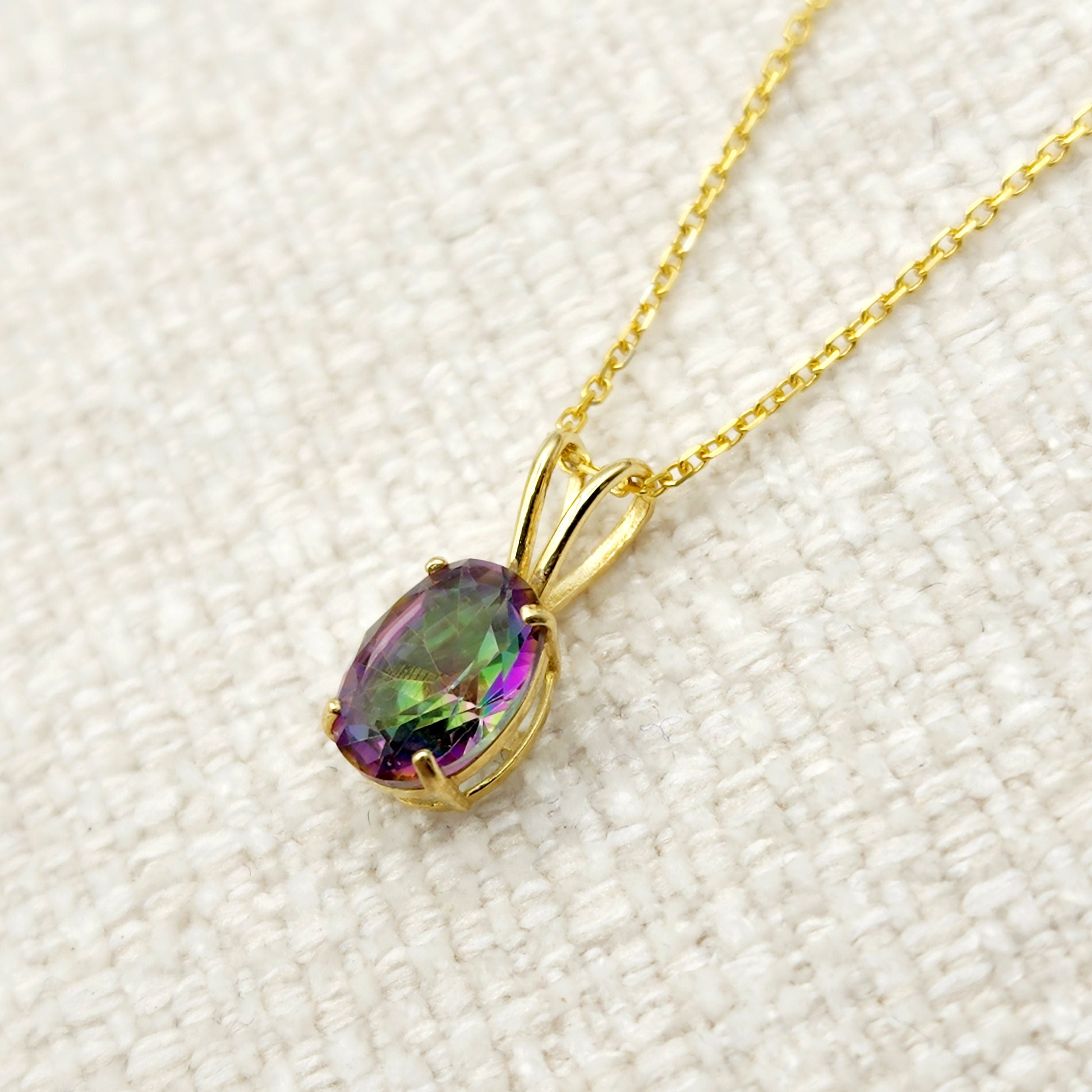 Gold Mystic Topaz Pendant Necklace, 10K Yellow Gold Mystic Topaz 8x6mm Pendant, Gemstone Necklace For Women, Pendant For Her