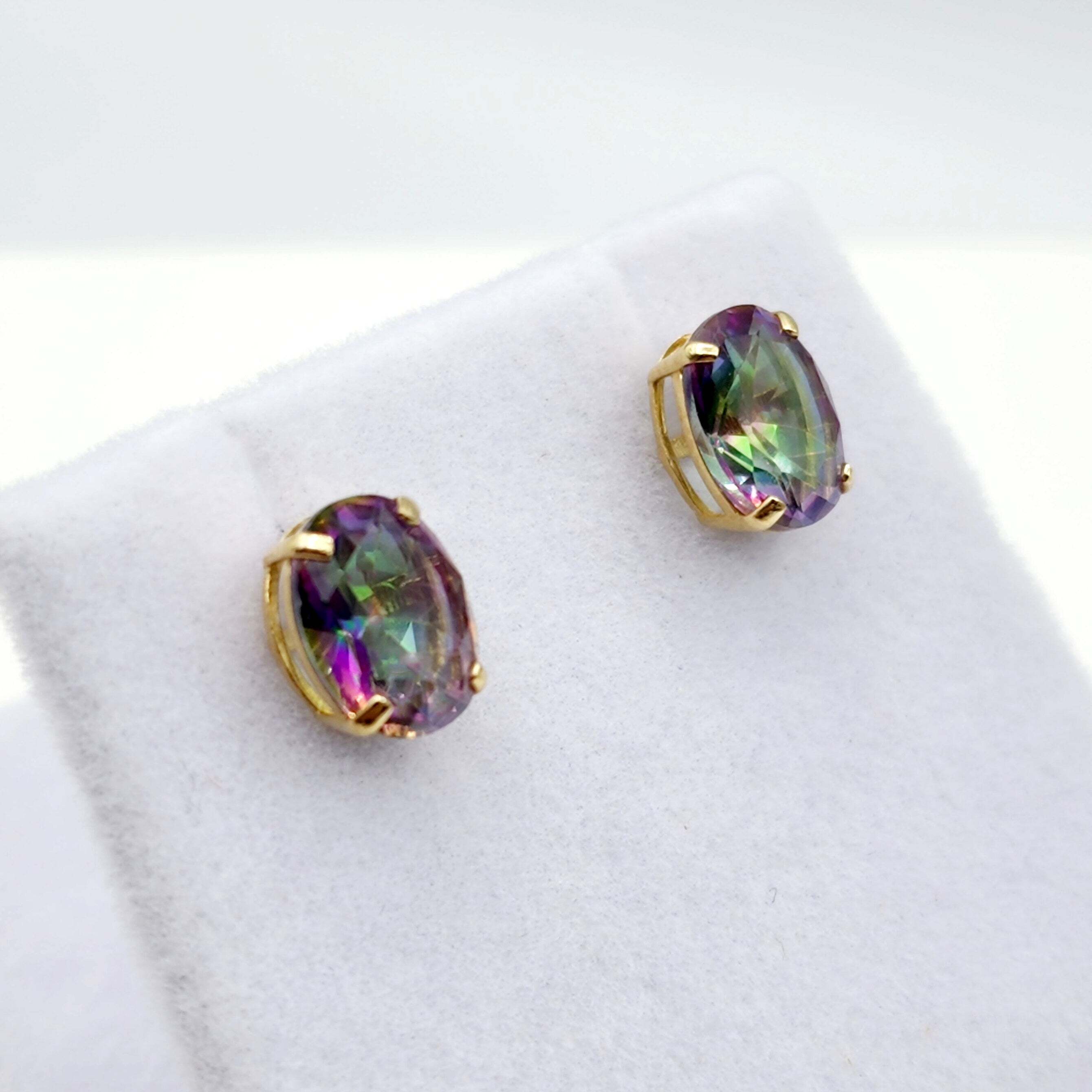 Gold Mystic Topaz Stud Earrings, 10K Yellow Gold Genuine Mystic Topaz 8x6mm Earrings, Gemstone Jewelry,  Earrings For Women