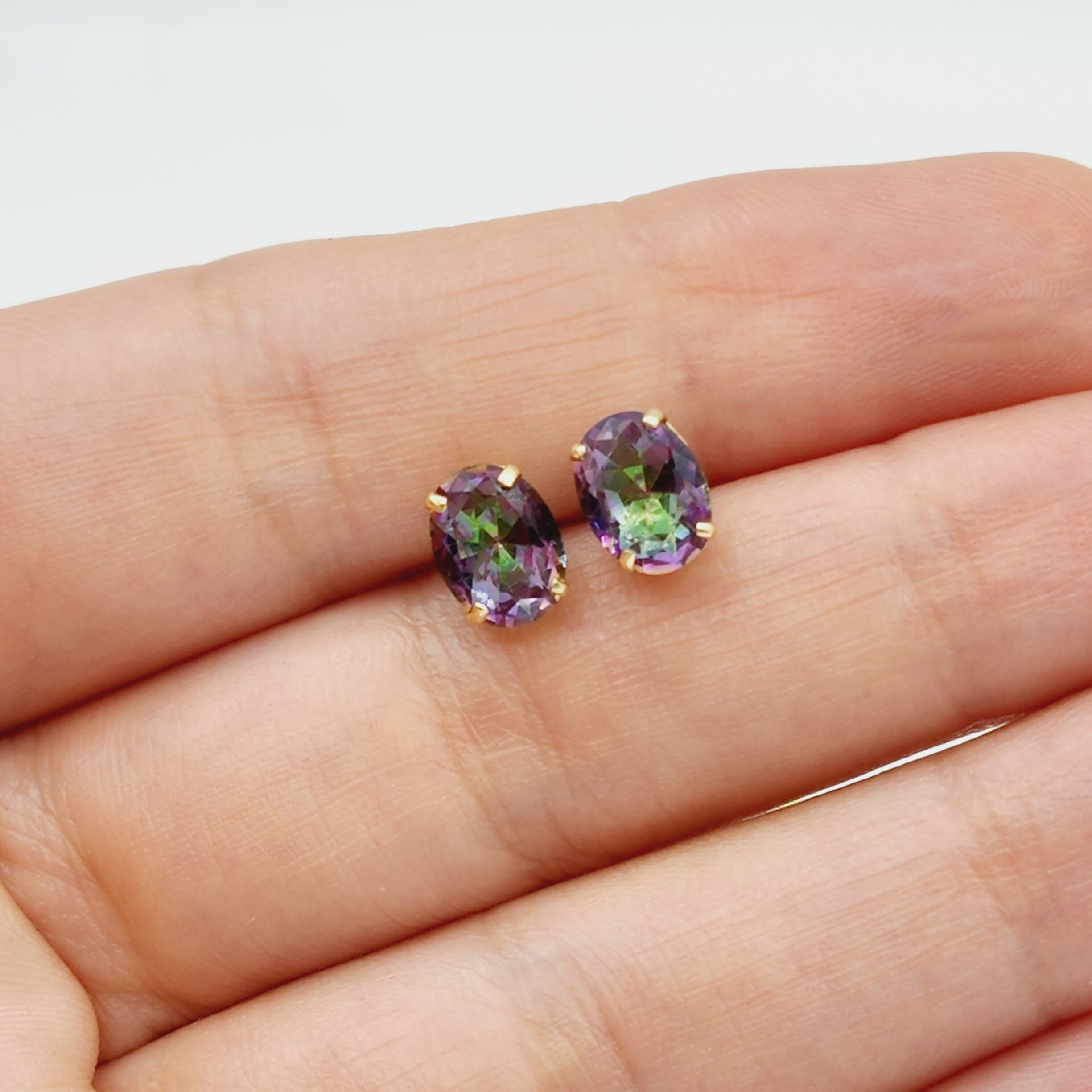 Gold Mystic Topaz Stud Earrings, 10K Yellow Gold Genuine Mystic Topaz 8x6mm Earrings, Gemstone Jewelry,  Earrings For Women