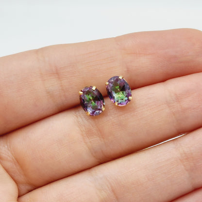 Gold Mystic Topaz Stud Earrings, 10K Yellow Gold Genuine Mystic Topaz 8x6mm Earrings, Gemstone Jewelry,  Earrings For Women