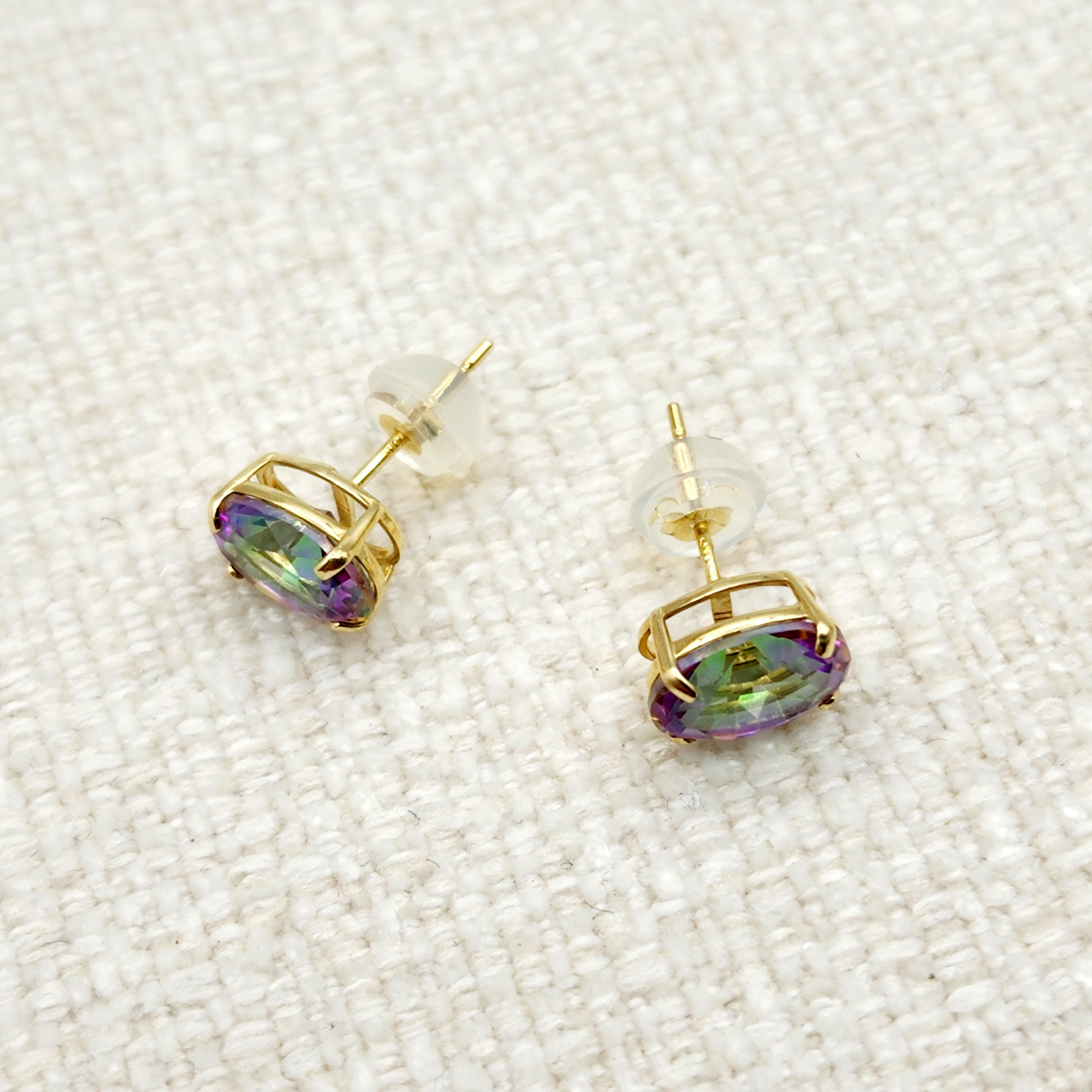 Gold Mystic Topaz Stud Earrings, 10K Yellow Gold Genuine Mystic Topaz 8x6mm Earrings, Gemstone Jewelry,  Earrings For Women