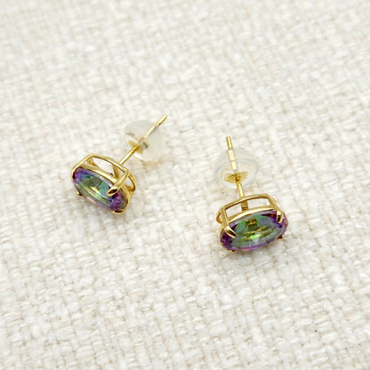 Gold Mystic Topaz Stud Earrings, 10K Yellow Gold Genuine Mystic Topaz 8x6mm Earrings, Gemstone Jewelry,  Earrings For Women