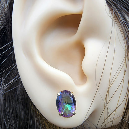 Gold Mystic Topaz Stud Earrings, 10K Yellow Gold Genuine Mystic Topaz 8x6mm Earrings, Gemstone Jewelry,  Earrings For Women