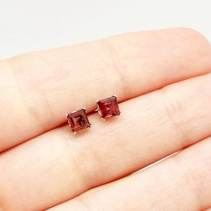 Gold Garnet Earrings, 10K White Gold Genuine Garnet 4x4mm Stud Earrings, January Birthstone, Earrings For Women, Handmade Earrings
