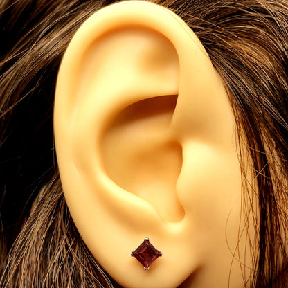 Gold Garnet Earrings, 10K White Gold Genuine Garnet 4x4mm Stud Earrings, January Birthstone, Earrings For Women, Handmade Earrings