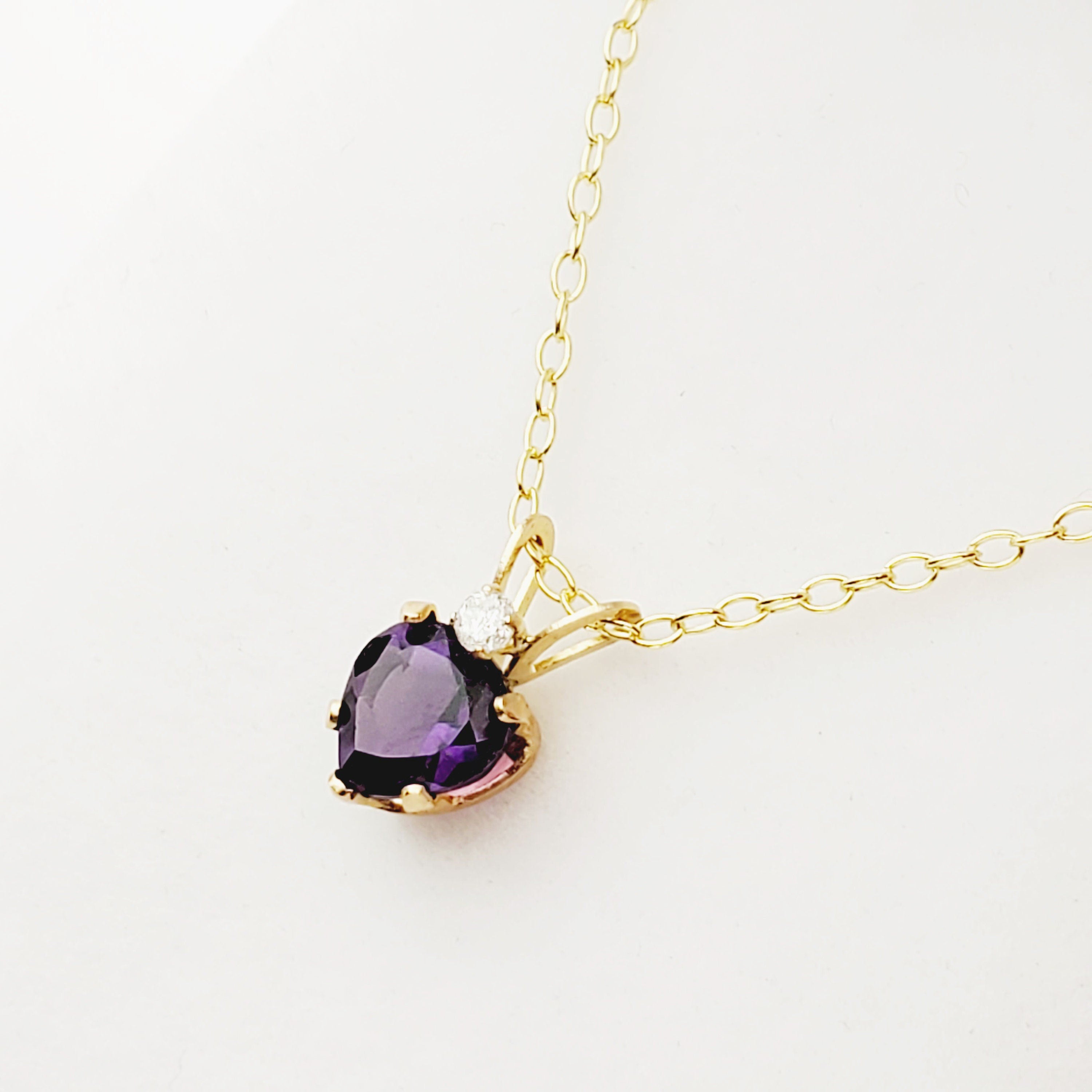 Gold Amethyst Pendant Necklace, 10K Gold  Genuine Heart Shaped Amethyst 6x6mm with Diamond  Pendant, Purple Gemstone Jewelry