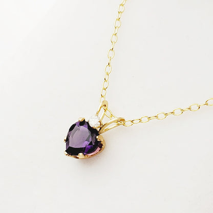 Gold Amethyst Pendant Necklace, 10K Gold  Genuine Heart Shaped Amethyst 6x6mm with Diamond  Pendant, Purple Gemstone Jewelry