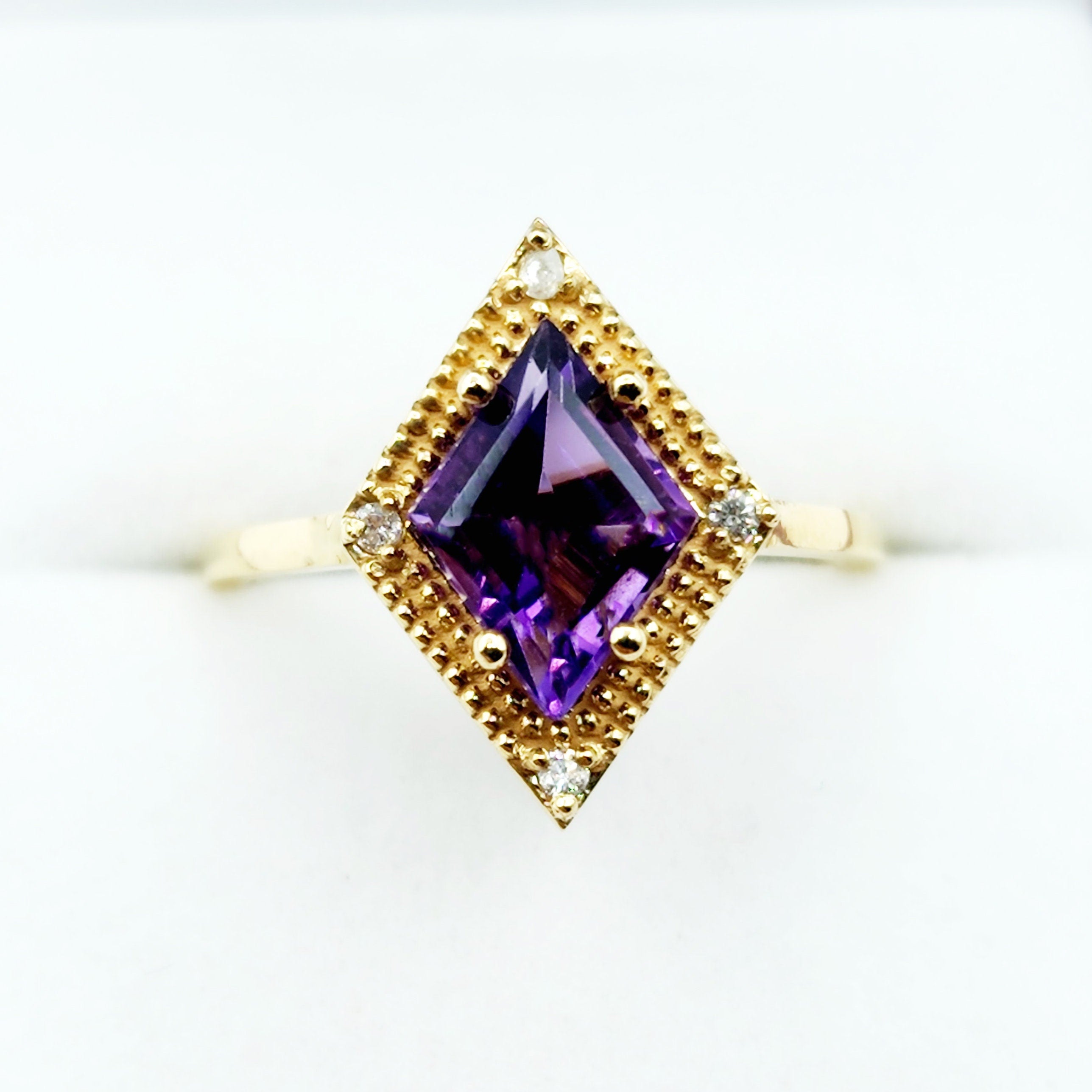 Gold Amethyst Ring, 14K Yellow Gold Amethyst 1.5ct with Diamond 0.04ct Ring, February Birthstone Ring, Rings For Women