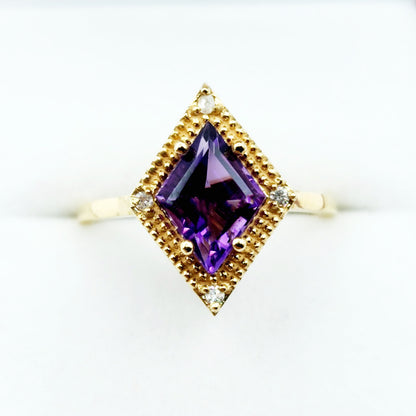 Gold Amethyst Ring, 14K Yellow Gold Amethyst 1.5ct with Diamond 0.04ct Ring, February Birthstone Ring, Rings For Women