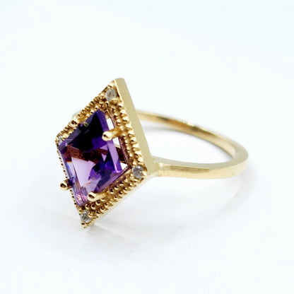 Gold Amethyst Ring, 14K Yellow Gold Amethyst 1.5ct with Diamond 0.04ct Ring, February Birthstone Ring, Rings For Women