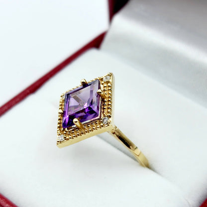 Gold Amethyst Ring, 14K Yellow Gold Amethyst 1.5ct with Diamond 0.04ct Ring, February Birthstone Ring, Rings For Women