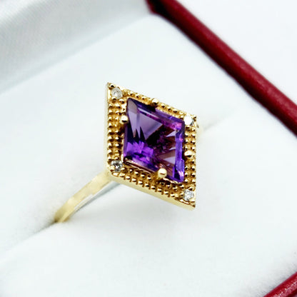 Gold Amethyst Ring, 14K Yellow Gold Amethyst 1.5ct with Diamond 0.04ct Ring, February Birthstone Ring, Rings For Women