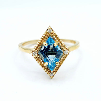 Gold Blue Topaz Ring, 14K Yellow Gold Blue Topaz 1.5ct with Diamond 0.04ct Ring, December Birthstone Ring For Women