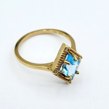 Gold Blue Topaz Ring, 14K Yellow Gold Blue Topaz 1.5ct with Diamond 0.04ct Ring, December Birthstone Ring For Women