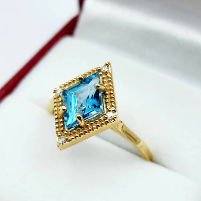 Gold Blue Topaz Ring, 14K Yellow Gold Blue Topaz 1.5ct with Diamond 0.04ct Ring, December Birthstone Ring For Women