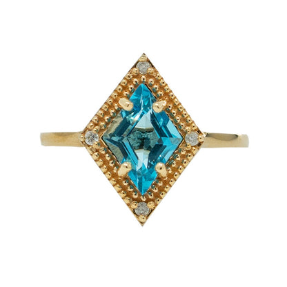Gold Blue Topaz Ring, 14K Yellow Gold Blue Topaz 1.5ct with Diamond 0.04ct Ring, December Birthstone Ring For Women