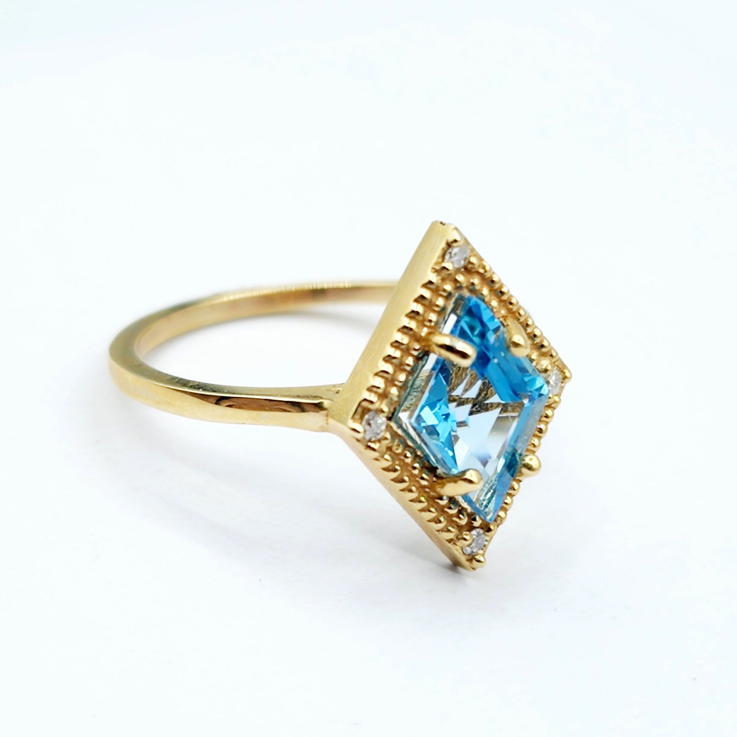 Gold Blue Topaz Ring, 14K Yellow Gold Blue Topaz 1.5ct with Diamond 0.04ct Ring, December Birthstone Ring For Women