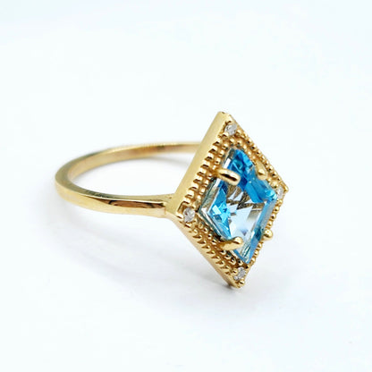 Gold Blue Topaz Ring, 14K Yellow Gold Blue Topaz 1.5ct with Diamond 0.04ct Ring, December Birthstone Ring For Women