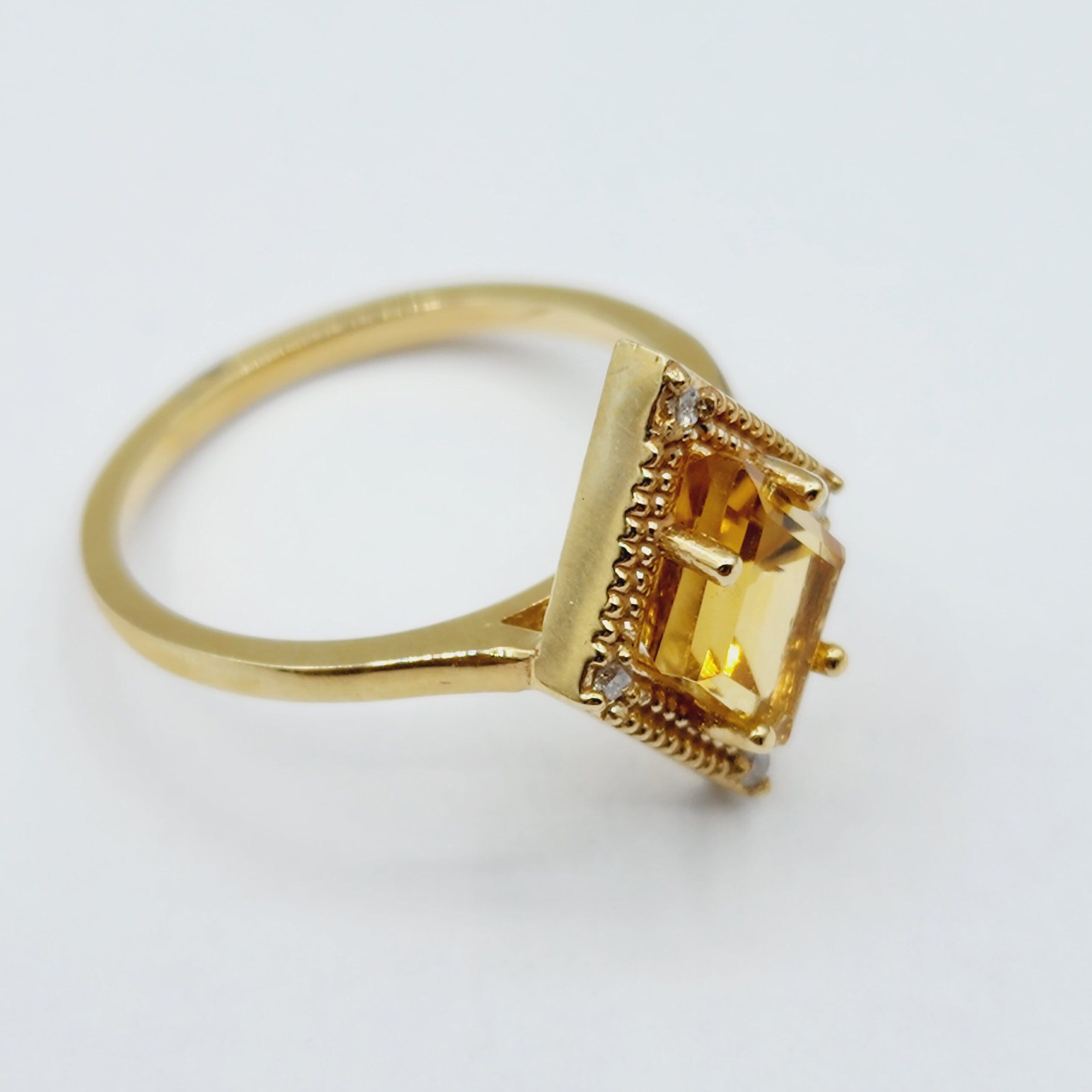 Gold Citrine Ring, 14K Yellow Gold Citrine 1.5ct with Diamond 0.04ct Ring, November Birthstone Ring For Women