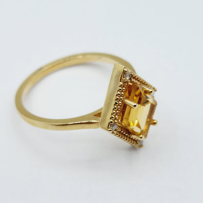 Gold Citrine Ring, 14K Yellow Gold Citrine 1.5ct with Diamond 0.04ct Ring, November Birthstone Ring For Women
