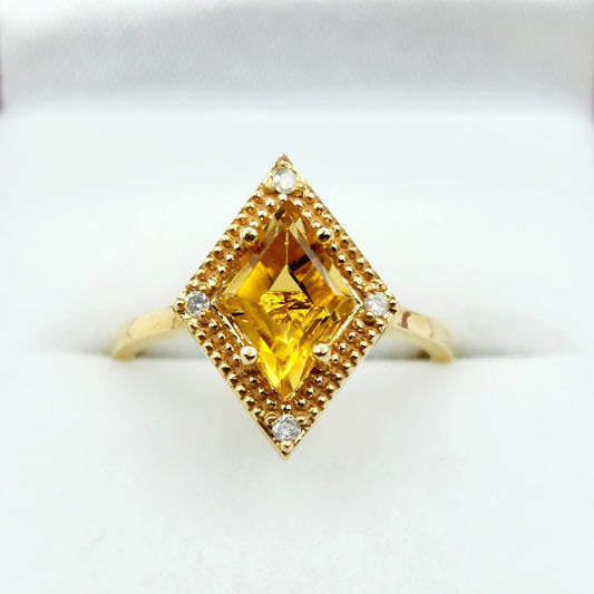 Gold Citrine Ring, 14K Yellow Gold Citrine 1.5ct with Diamond 0.04ct Ring, November Birthstone Ring For Women