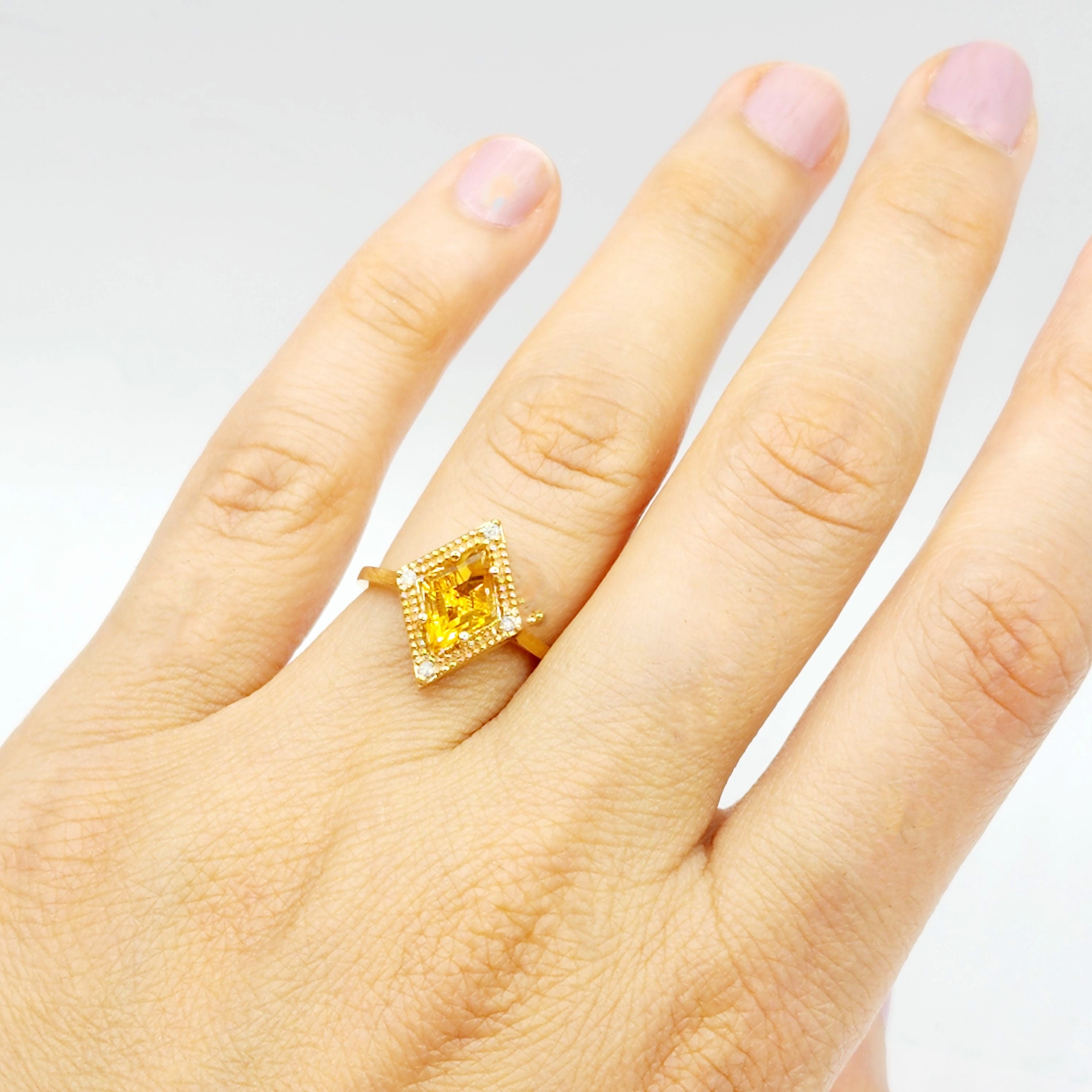 Gold Citrine Ring, 14K Yellow Gold Citrine 1.5ct with Diamond 0.04ct Ring, November Birthstone Ring For Women