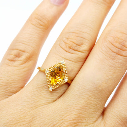 Gold Citrine Ring, 14K Yellow Gold Citrine 1.5ct with Diamond 0.04ct Ring, November Birthstone Ring For Women