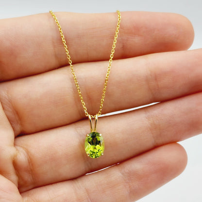 Gold Peridot Pendant Necklace, 10K Yellow Gold Peridot 8x6mm Pendant, Birthstone Necklace For Women, Gift For Her