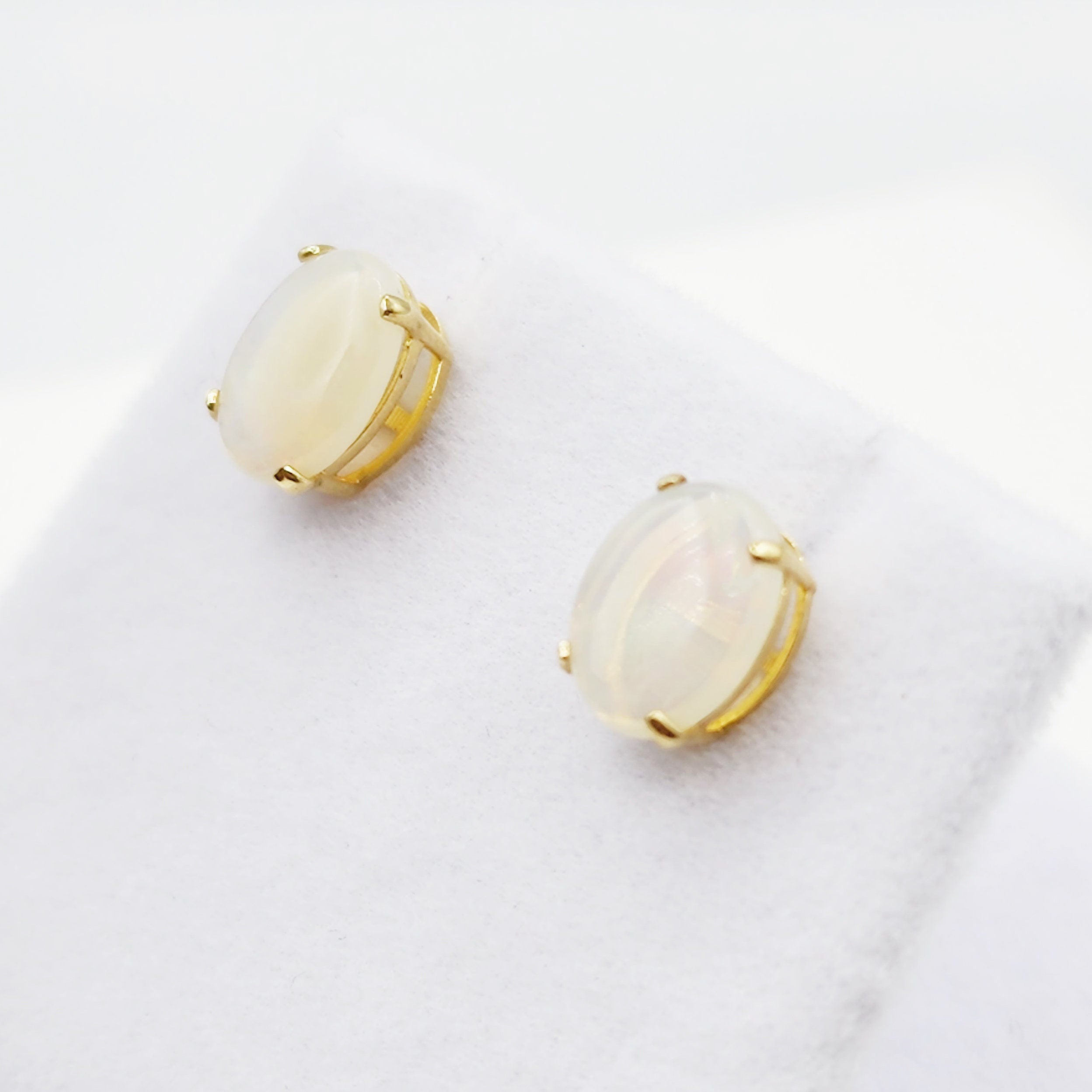 Gold Opal Stud Earrings, 10K Yellow Gold Genuine Opal 8x6mm Earrings, Gemstone Jewelry,  Earrings For Women, October Birthstone