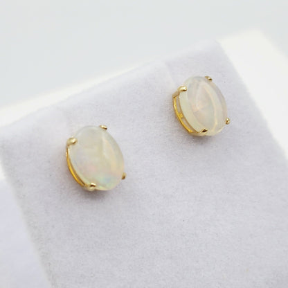 Gold Opal Stud Earrings, 10K Yellow Gold Genuine Opal 8x6mm Earrings, Gemstone Jewelry,  Earrings For Women, October Birthstone