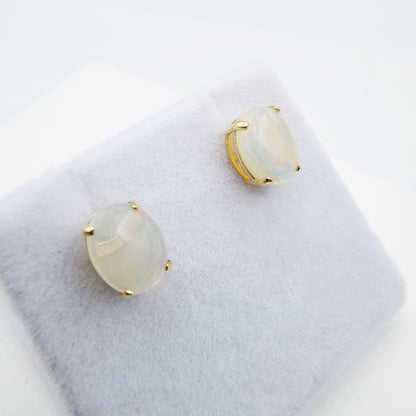 Gold Opal Stud Earrings, 10K Yellow Gold Genuine Opal 8x6mm Earrings, Gemstone Jewelry,  Earrings For Women, October Birthstone