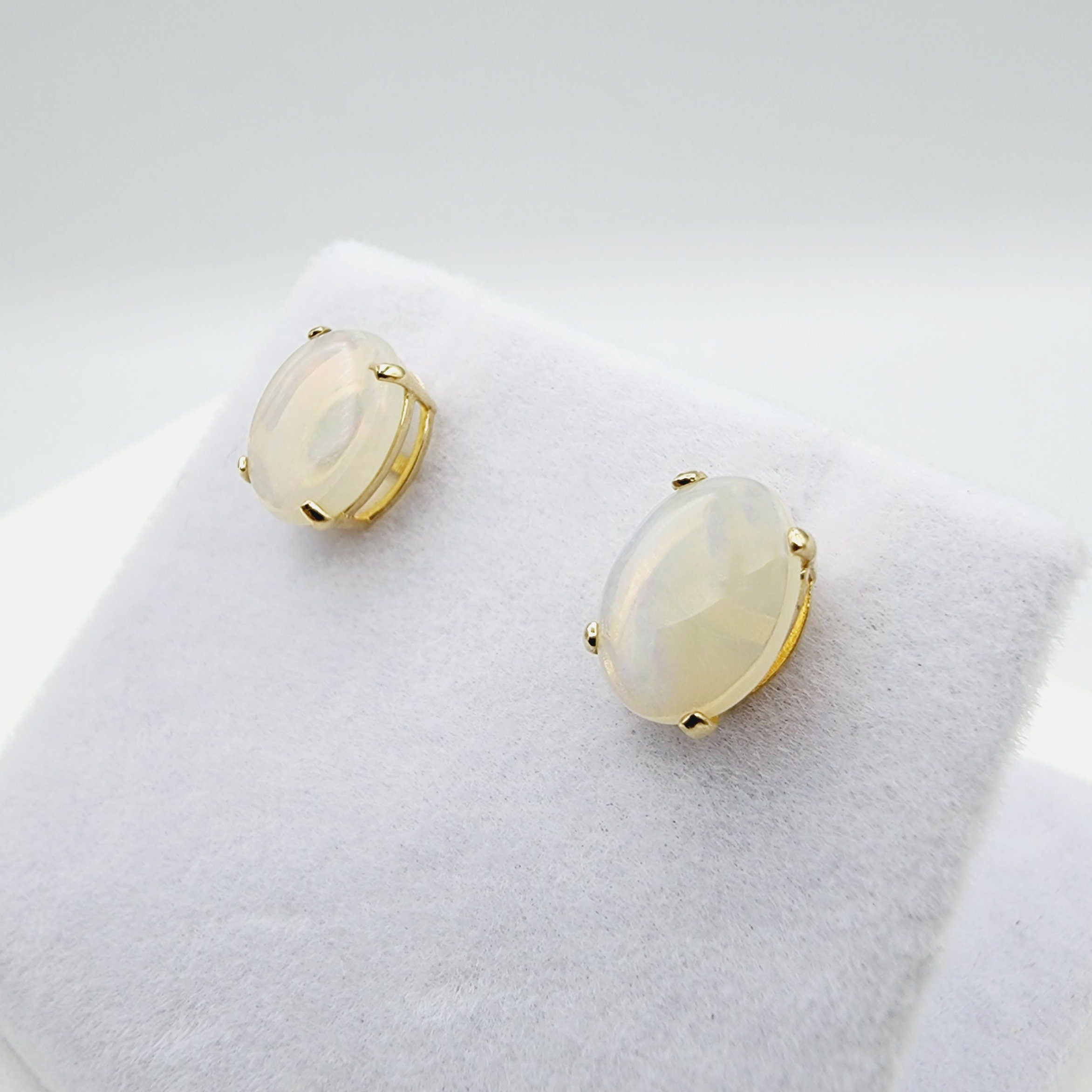 Gold Opal Stud Earrings, 10K Yellow Gold Genuine Opal 8x6mm Earrings, Gemstone Jewelry,  Earrings For Women, October Birthstone