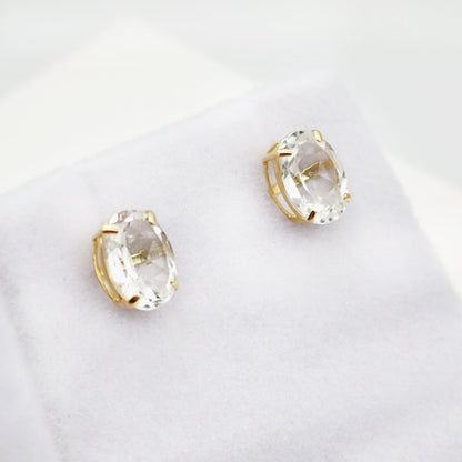 Gold White Topaz Stud Earrings, 10K Yellow Gold White Topaz 8x6mm Earrings, Genuine Gemstone Jewelry for Women, Gold Earrings For Women