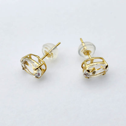 Gold White Topaz Stud Earrings, 10K Yellow Gold White Topaz 8x6mm Earrings, Genuine Gemstone Jewelry for Women, Gold Earrings For Women