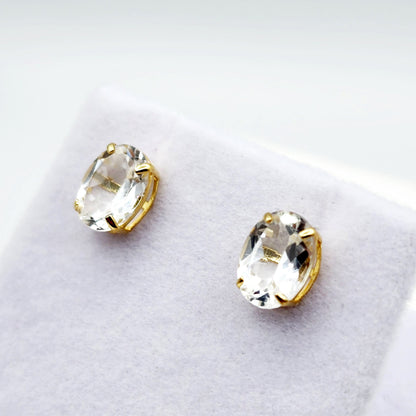 Gold White Topaz Stud Earrings, 10K Yellow Gold White Topaz 8x6mm Earrings, Genuine Gemstone Jewelry for Women, Gold Earrings For Women