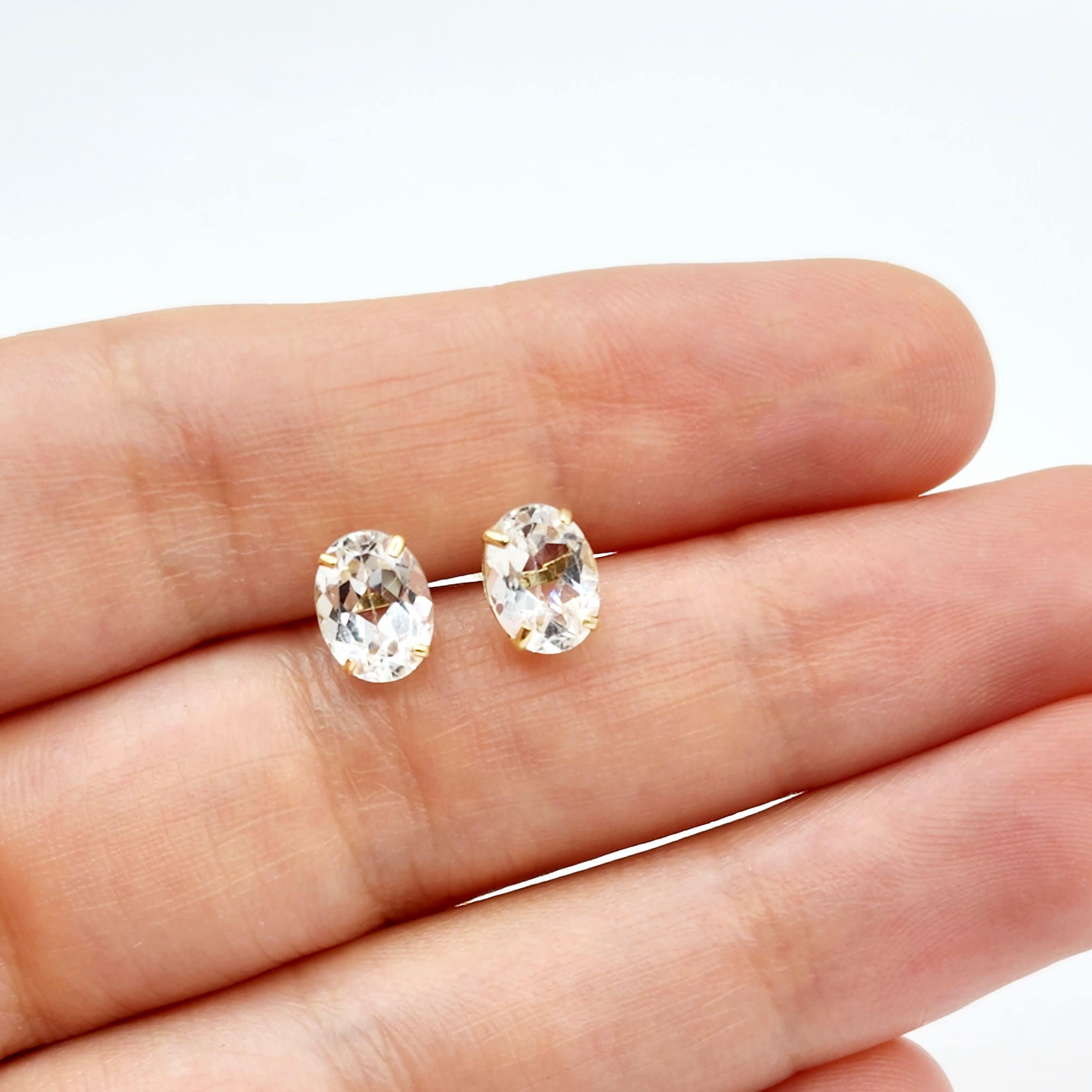 Gold White Topaz Stud Earrings, 10K Yellow Gold White Topaz 8x6mm Earrings, Genuine Gemstone Jewelry for Women, Gold Earrings For Women