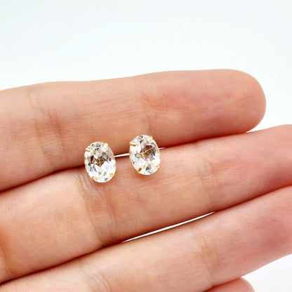 Gold White Topaz Stud Earrings, 10K Yellow Gold White Topaz 8x6mm Earrings, Genuine Gemstone Jewelry for Women, Gold Earrings For Women