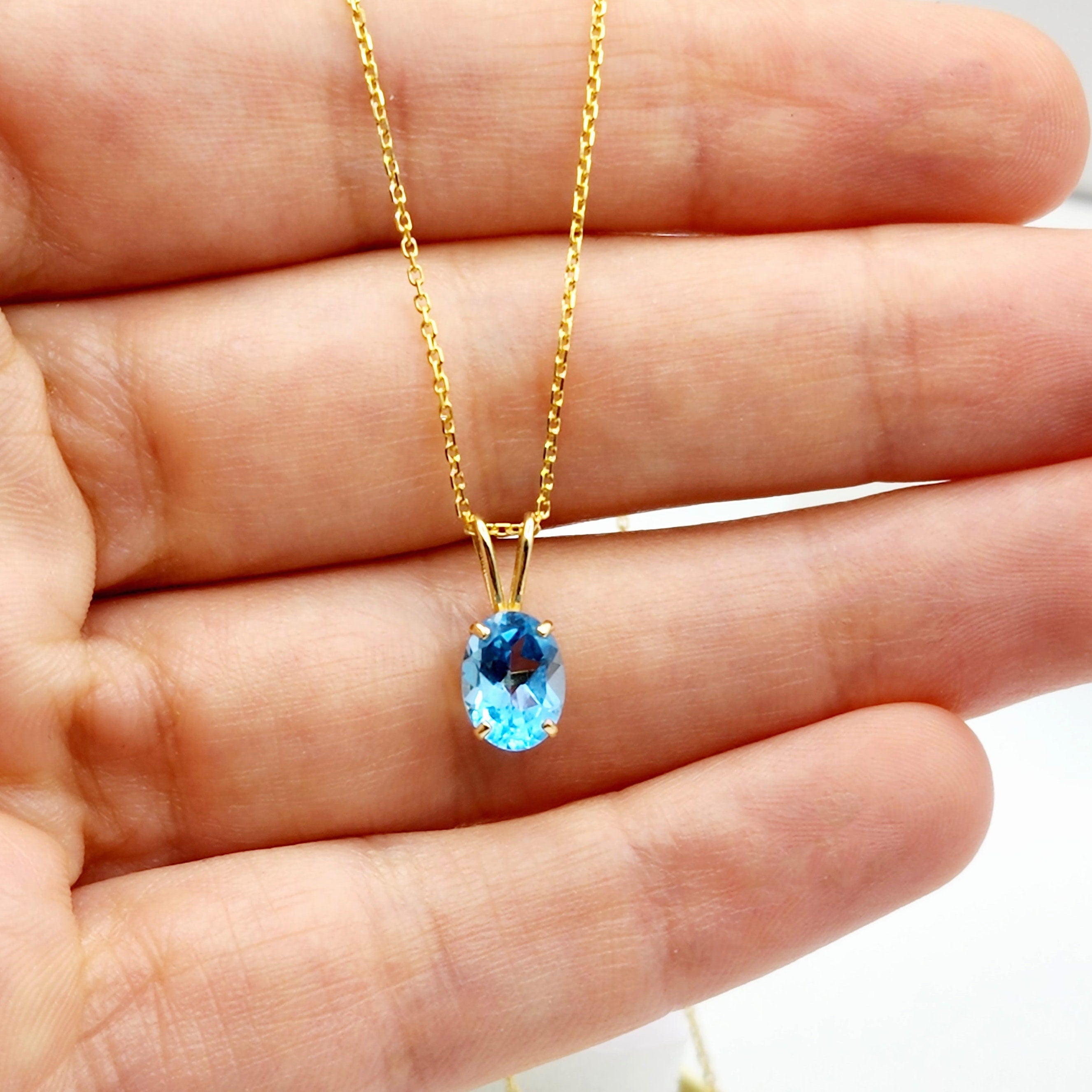 Gold Blue Topaz Pendant Necklace, 10K Yellow Gold Blue Topaz 8x6mm Pendant, December Birthstone, Topaz Jewelry, Birthday Gift For Her