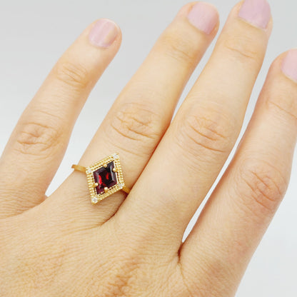 Gold Garnet Ring, 14K Yellow Gold Garnet 1.5ct with Diamond 0.04ct Ring, January Birthstone Ring For Women