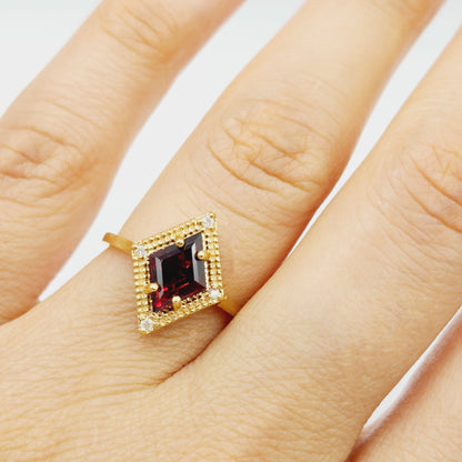 Gold Garnet Ring, 14K Yellow Gold Garnet 1.5ct with Diamond 0.04ct Ring, January Birthstone Ring For Women