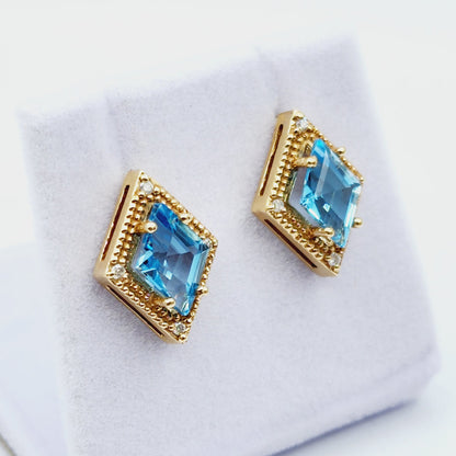 Gold Blue Topaz Stud Earrings, 14K Yellow Gold Blue Topaz 3.0cts Stud Earrings, Handmade Earrings, Gemstone Earrings, December Birthstone