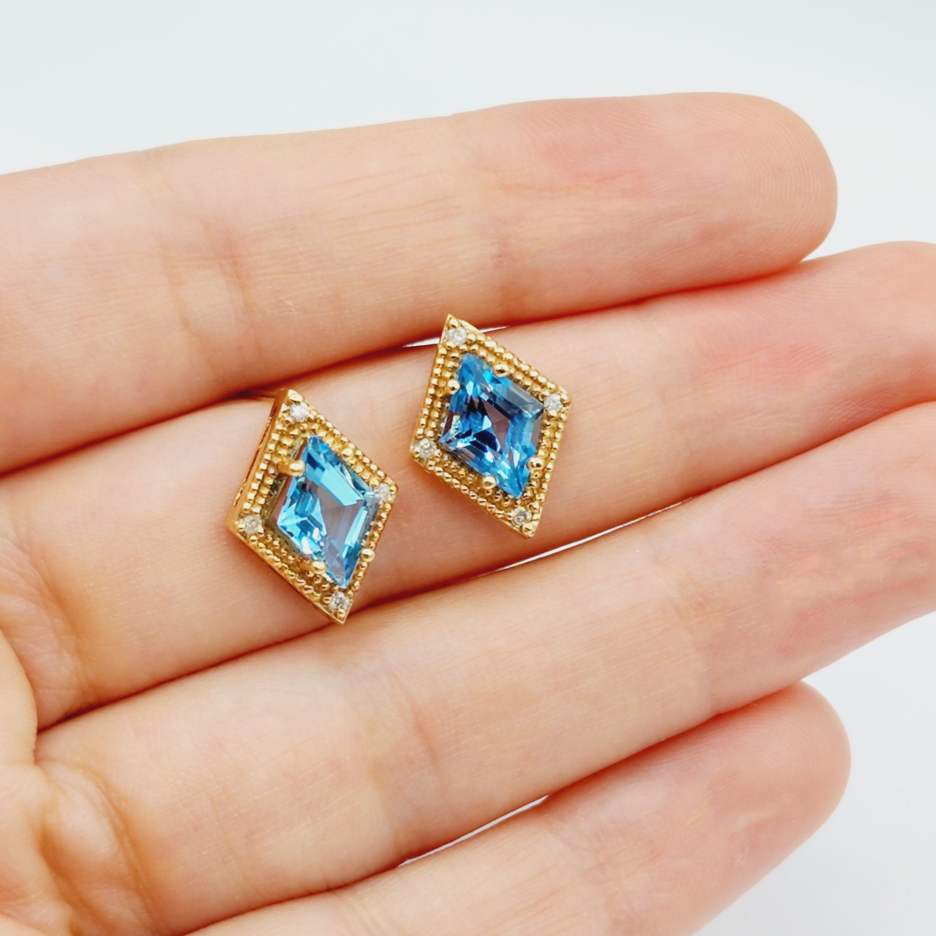 Gold Blue Topaz Stud Earrings, 14K Yellow Gold Blue Topaz 3.0cts Stud Earrings, Handmade Earrings, Gemstone Earrings, December Birthstone