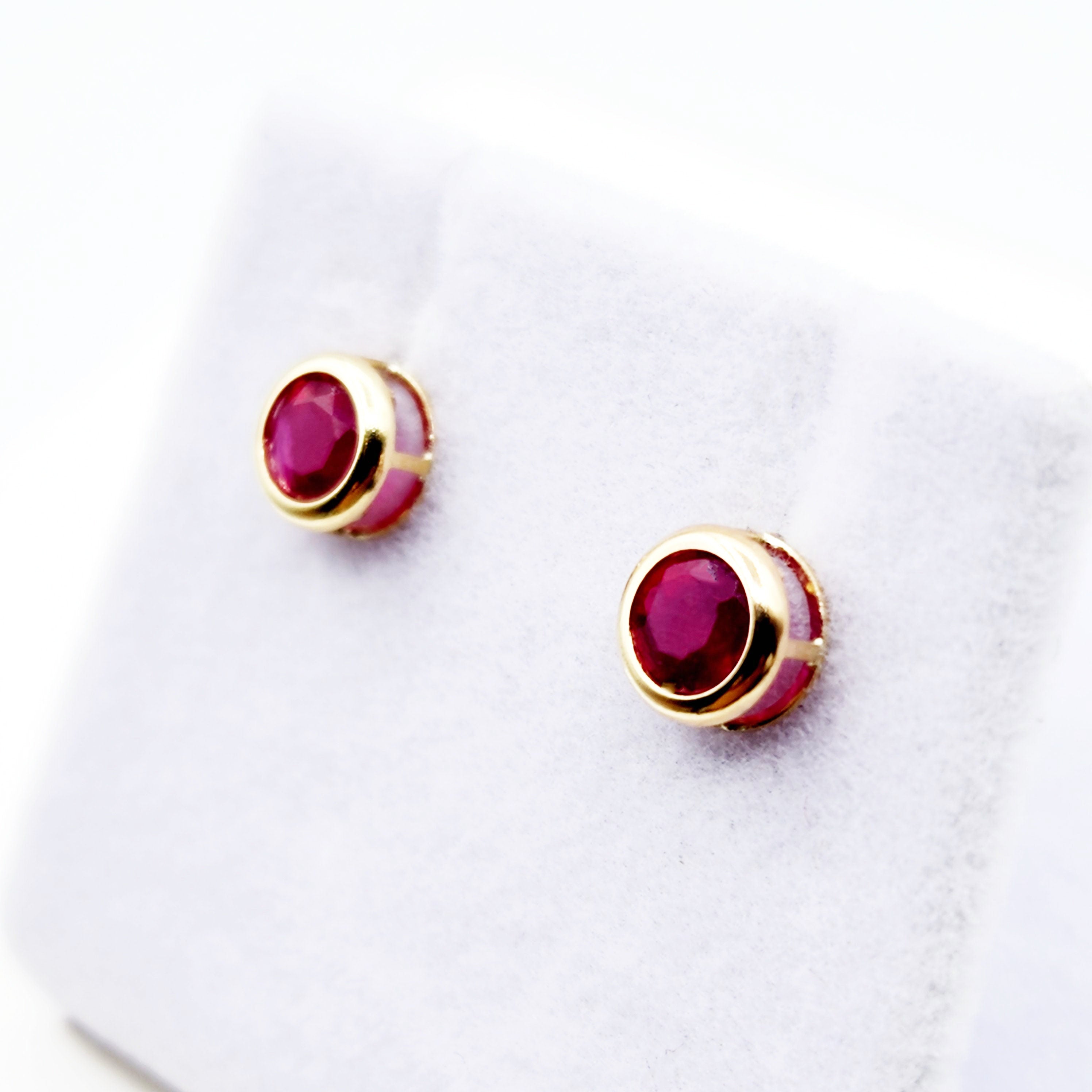 14K Gold Genuine Ruby Bezel Stud Earrings, 14K Yellow Gold Ruby 5x5mm Earrings, July Birthstone, Round Bezel Set Stud 5mm, Dainty Studs