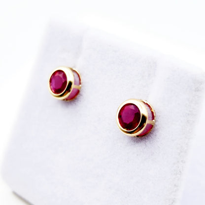 14K Gold Genuine Ruby Bezel Stud Earrings, 14K Yellow Gold Ruby 5x5mm Earrings, July Birthstone, Round Bezel Set Stud 5mm, Dainty Studs