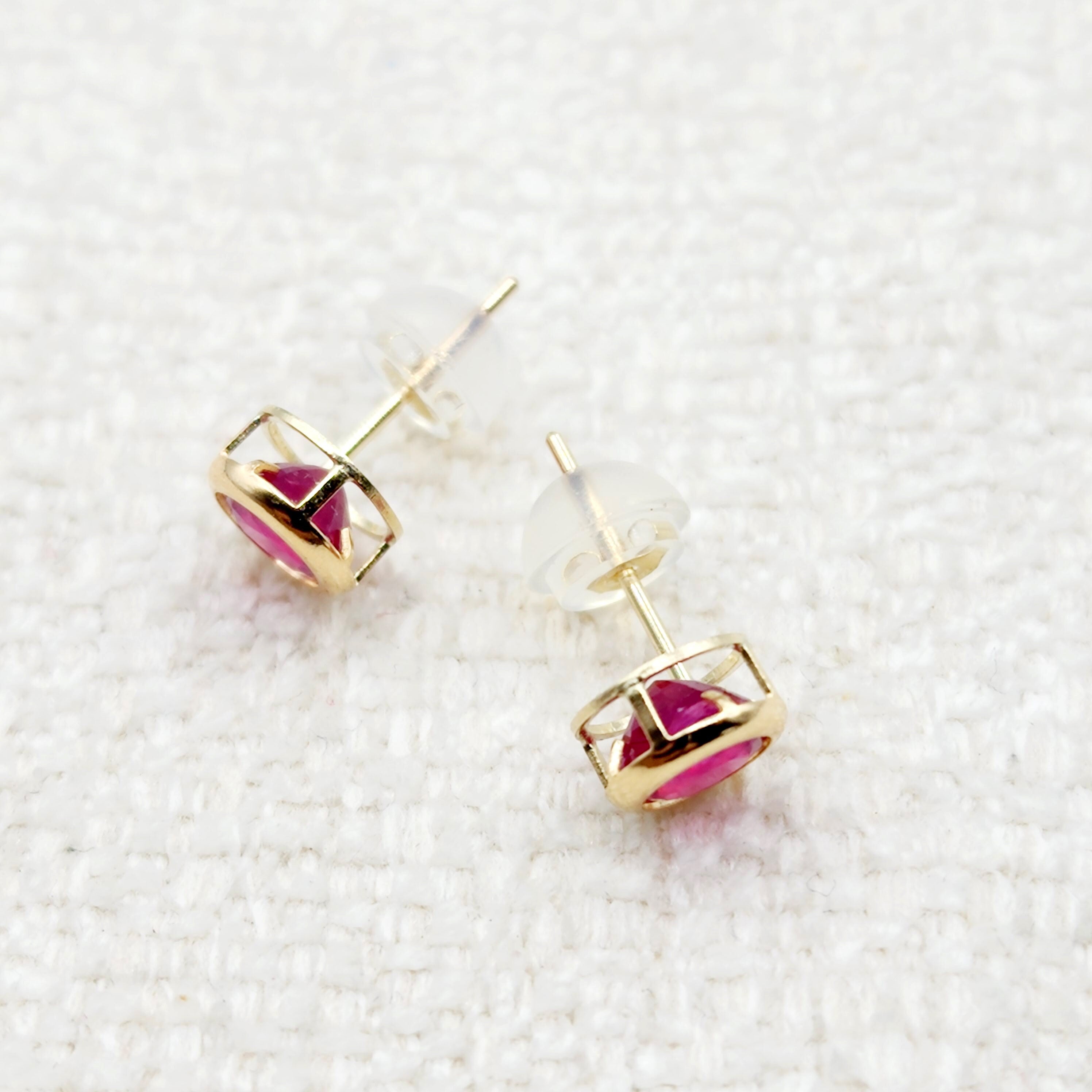 14K Yellow Gold Ruby Stud Earrings: July Birthstone Dainty Bezel Set