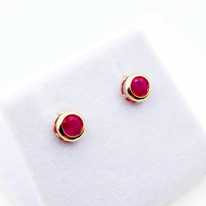 14K Gold Genuine Ruby Bezel Stud Earrings, 14K Yellow Gold Ruby 5x5mm Earrings, July Birthstone, Round Bezel Set Stud 5mm, Dainty Studs