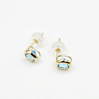 14K Gold Blue Topaz Bezel Stud Earrings, 14K Yellow Gold Genuine Blue Topaz 5x5mm Earrings, December Birthstone, Round Bezel Set Stud