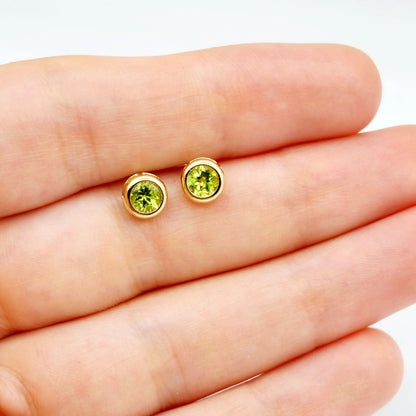 14K Gold Peridot Bezel Stud Earrings, 14K Yellow Gold Genuine Peridot 5x5mm Earrings, August Birthstone, Round Bezel Set Stud